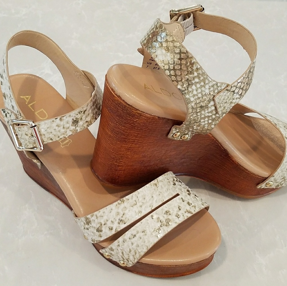 Aldo gold snake print wedge sandals